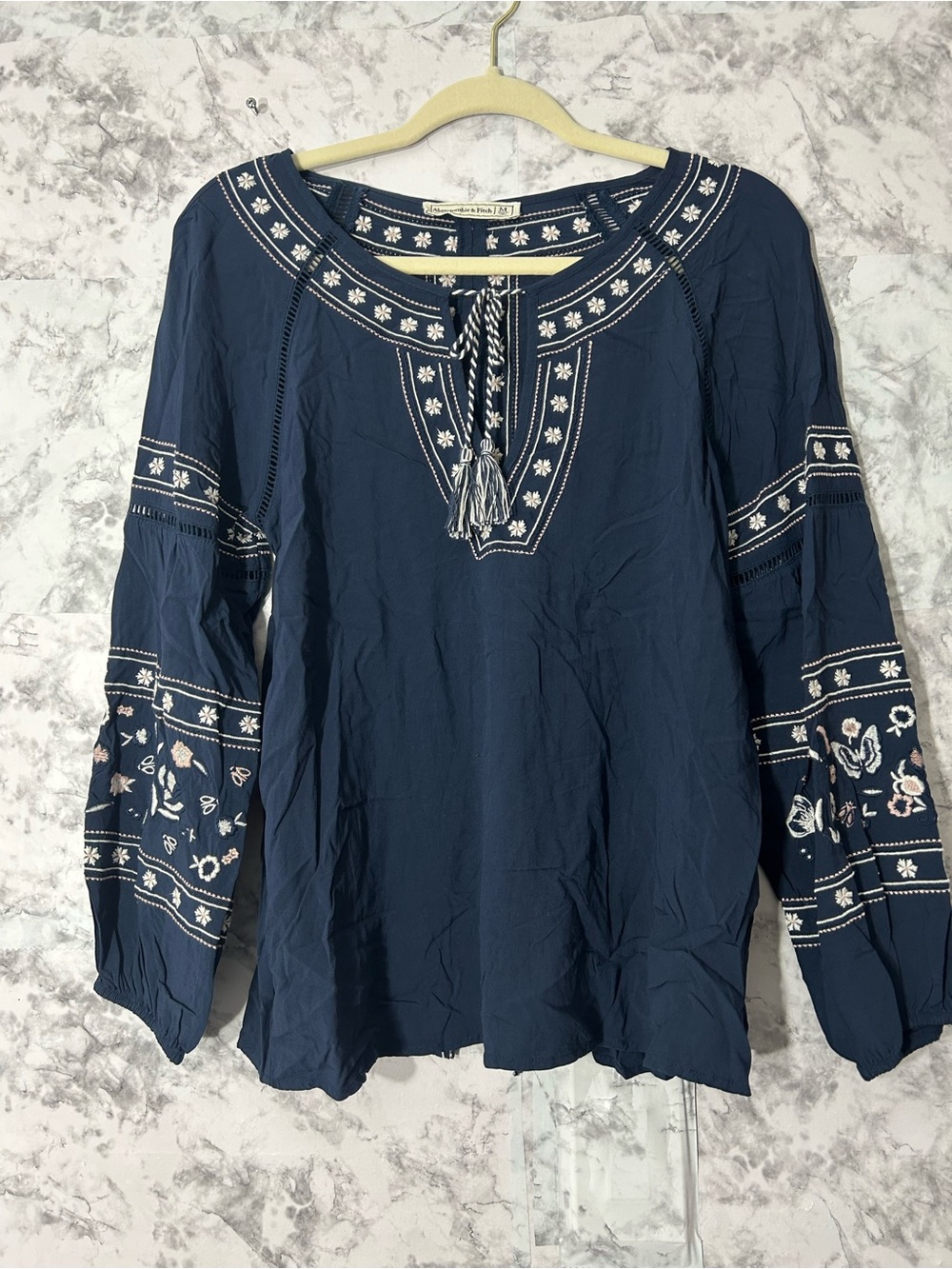 Abercrombie & Fitch Navy Embroidered Peasant Tunic with Tassel Tie